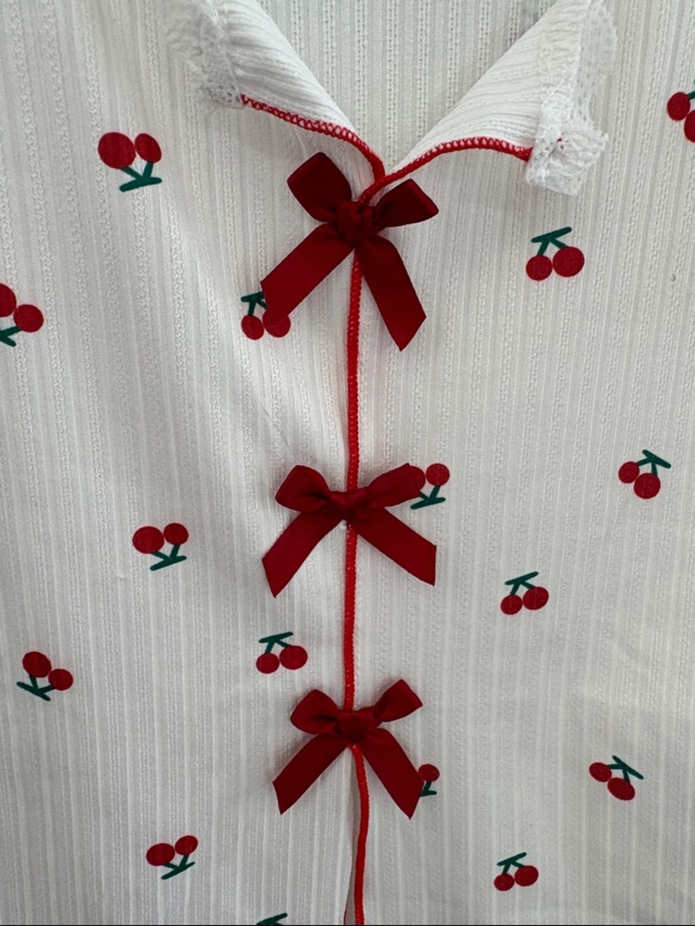 SHEIN White Cherry Print Ribbed Pajama Set with Red Trim